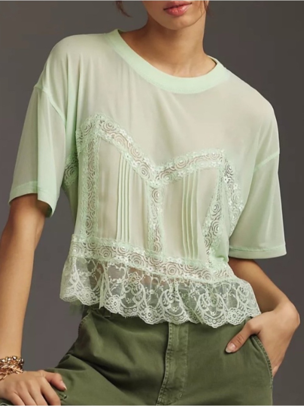 Anthropologie DOLAN Short Sleeve
Sheer Lace Top Mint Green oversized boxy sz XL